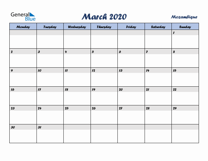 March 2020 Calendar with Holidays in Mozambique