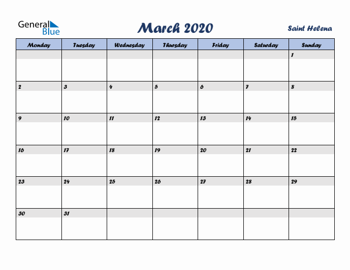 March 2020 Calendar with Holidays in Saint Helena