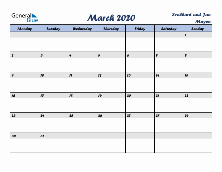 March 2020 Calendar with Holidays in Svalbard and Jan Mayen