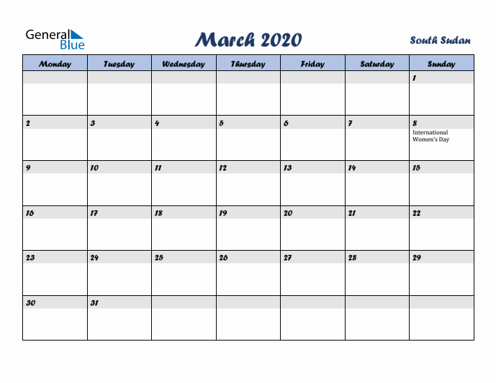 March 2020 Calendar with Holidays in South Sudan