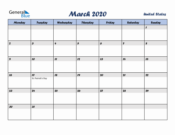 March 2020 Calendar with Holidays in United States