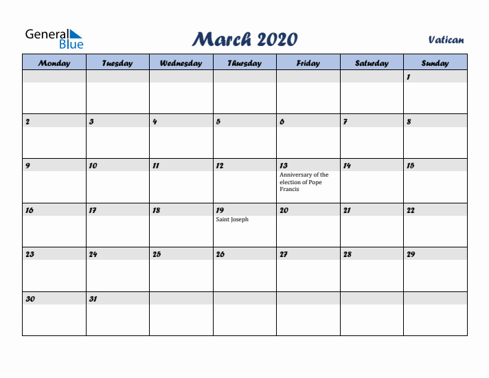 March 2020 Calendar with Holidays in Vatican