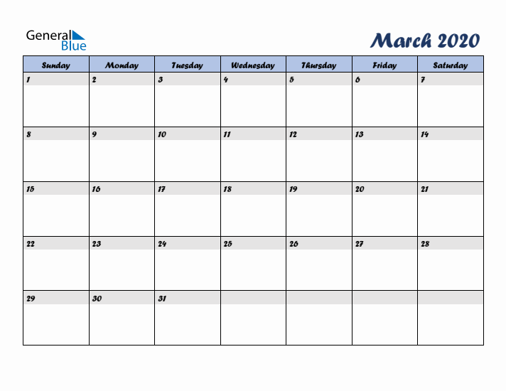 March 2020 Blue Calendar (Sunday Start)