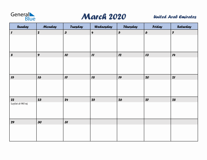 March 2020 Calendar with Holidays in United Arab Emirates