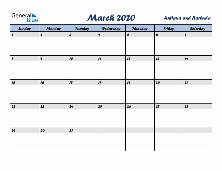 March 2020 Calendar with Holidays in Antigua and Barbuda