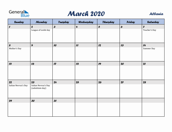 March 2020 Calendar with Holidays in Albania