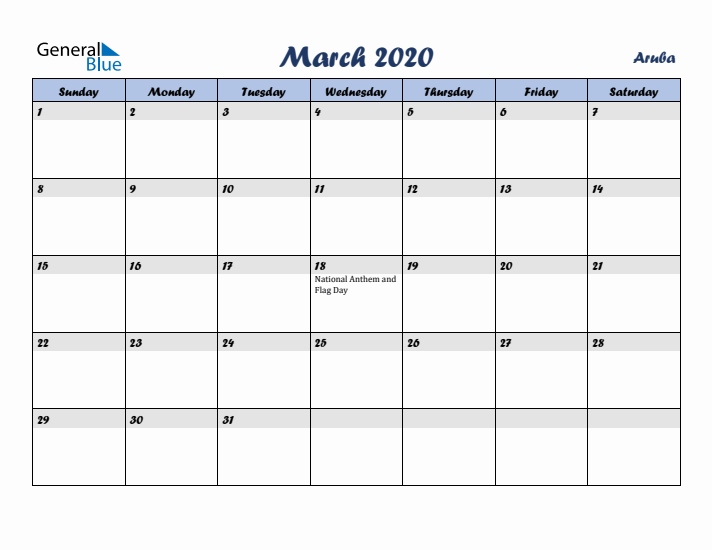 March 2020 Calendar with Holidays in Aruba