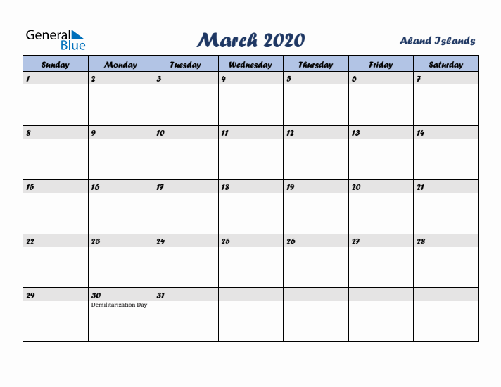 March 2020 Calendar with Holidays in Aland Islands
