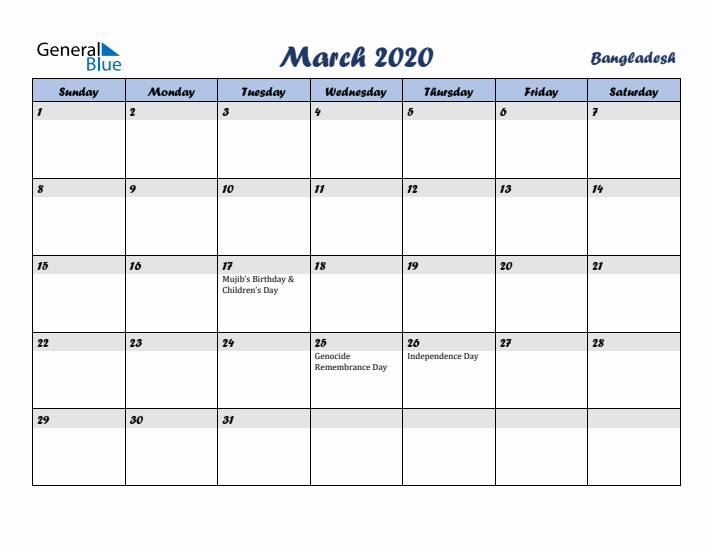 March 2020 Calendar with Holidays in Bangladesh