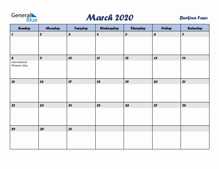 March 2020 Calendar with Holidays in Burkina Faso