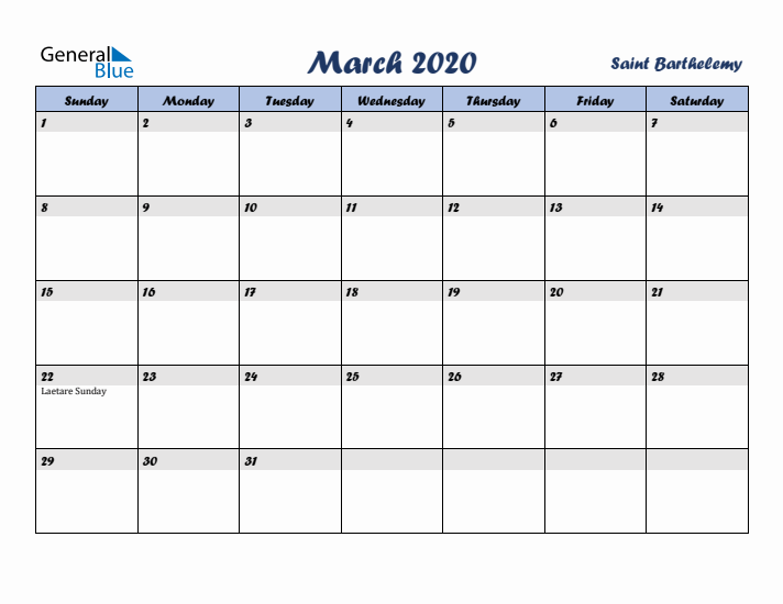 March 2020 Calendar with Holidays in Saint Barthelemy