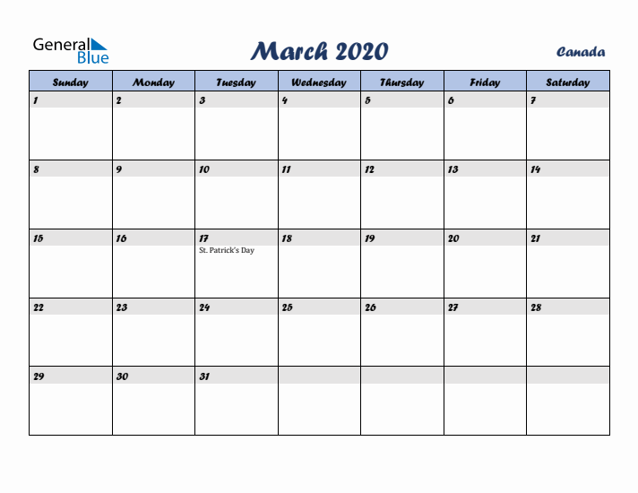 March 2020 Calendar with Holidays in Canada
