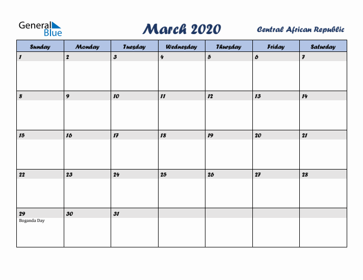 March 2020 Calendar with Holidays in Central African Republic