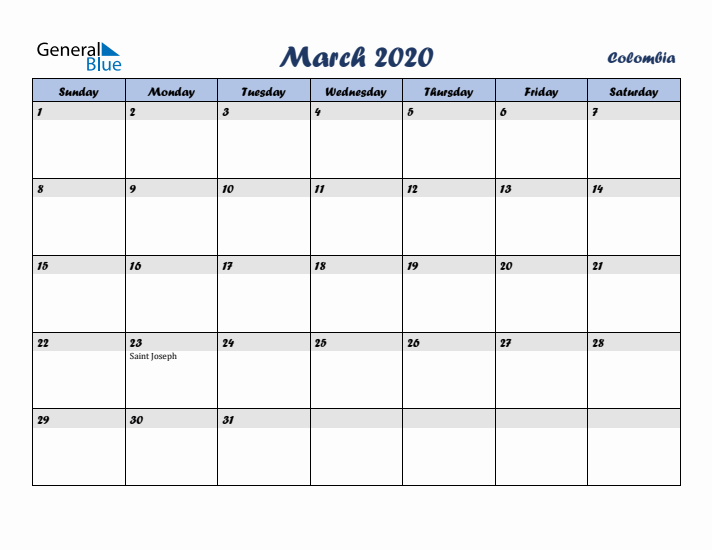 March 2020 Calendar with Holidays in Colombia