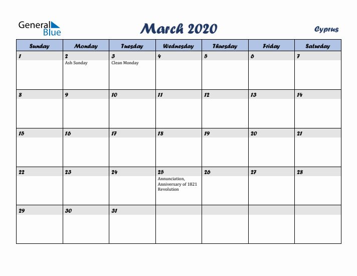 March 2020 Calendar with Holidays in Cyprus
