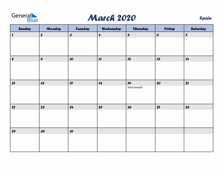 March 2020 Calendar with Holidays in Spain
