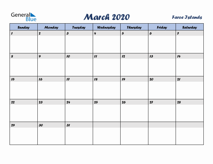 March 2020 Calendar with Holidays in Faroe Islands