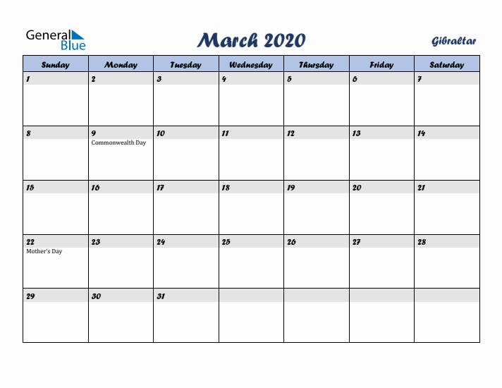 March 2020 Calendar with Holidays in Gibraltar