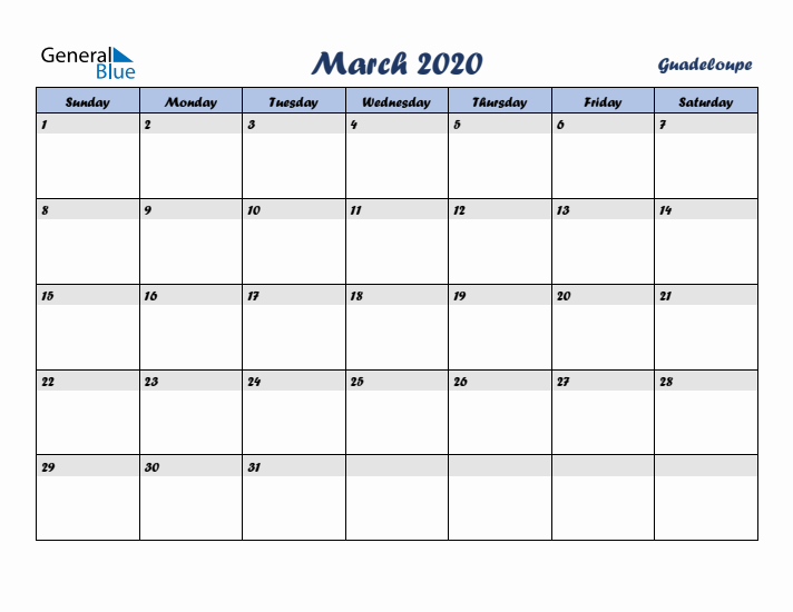 March 2020 Calendar with Holidays in Guadeloupe