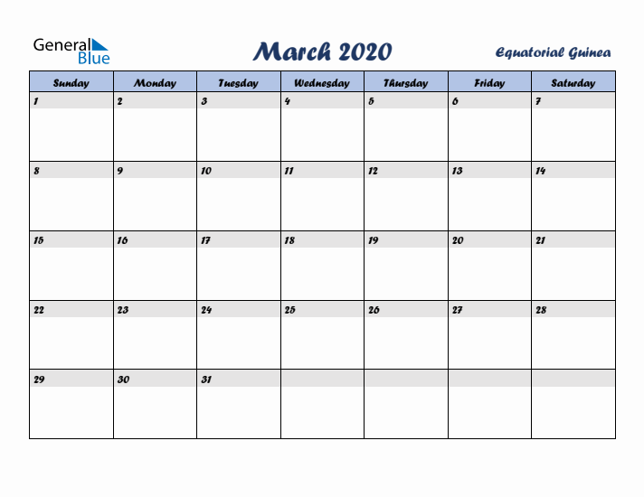 March 2020 Calendar with Holidays in Equatorial Guinea