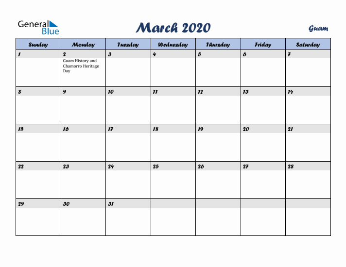 March 2020 Calendar with Holidays in Guam