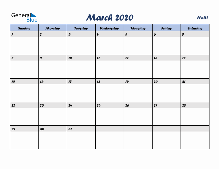 March 2020 Calendar with Holidays in Haiti
