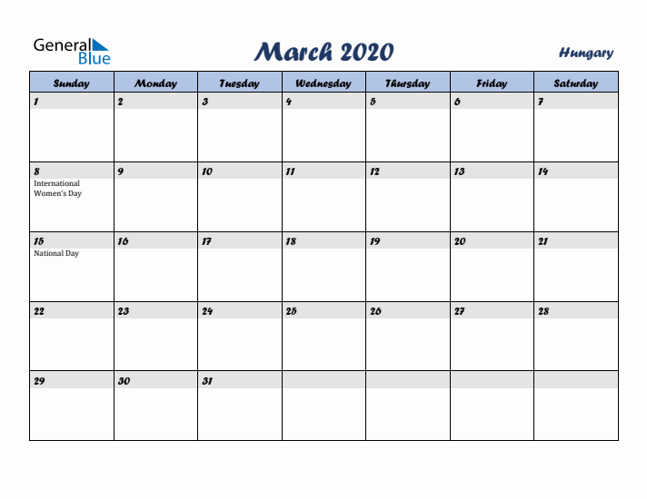 March 2020 Calendar with Holidays in Hungary