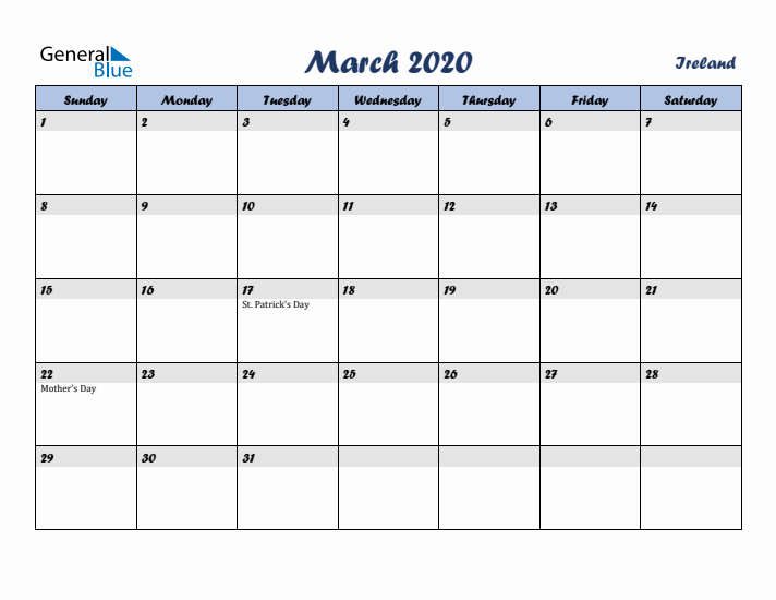 March 2020 Calendar with Holidays in Ireland