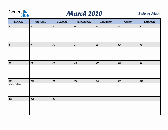March 2020 Calendar with Holidays in Isle of Man