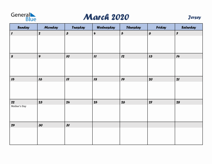 March 2020 Calendar with Holidays in Jersey