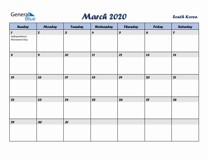March 2020 Calendar with Holidays in South Korea
