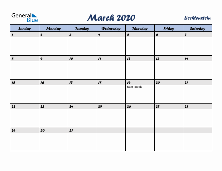 March 2020 Calendar with Holidays in Liechtenstein