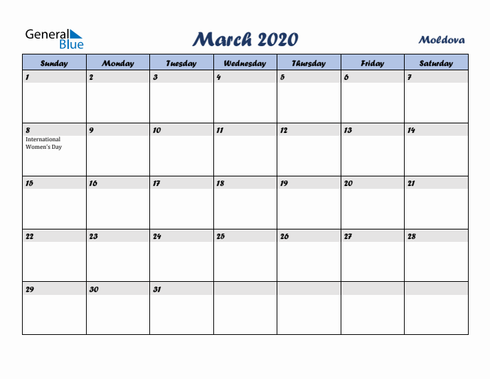 March 2020 Calendar with Holidays in Moldova