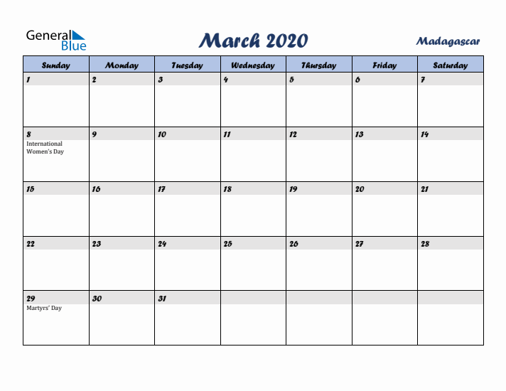 March 2020 Calendar with Holidays in Madagascar