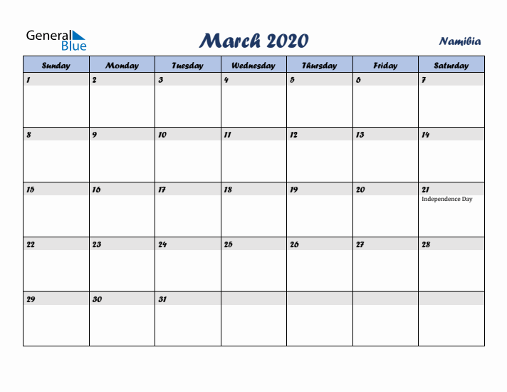 March 2020 Calendar with Holidays in Namibia
