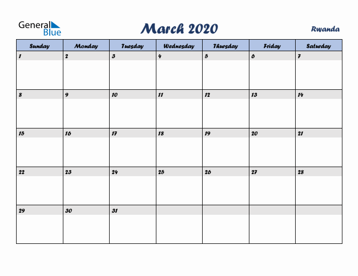 March 2020 Calendar with Holidays in Rwanda