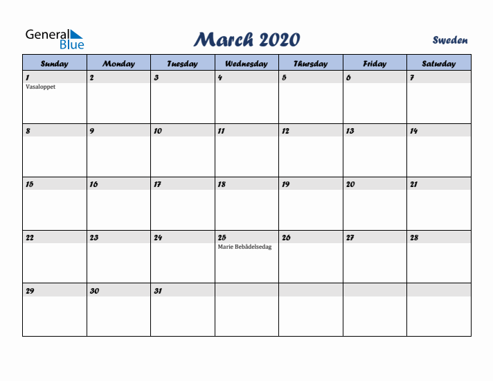 March 2020 Calendar with Holidays in Sweden