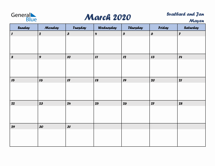March 2020 Calendar with Holidays in Svalbard and Jan Mayen