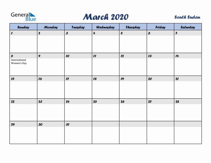 March 2020 Calendar with Holidays in South Sudan