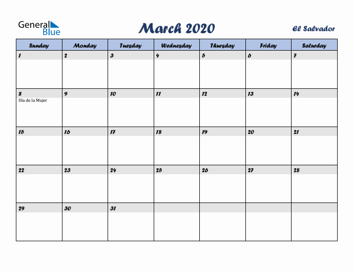March 2020 Calendar with Holidays in El Salvador