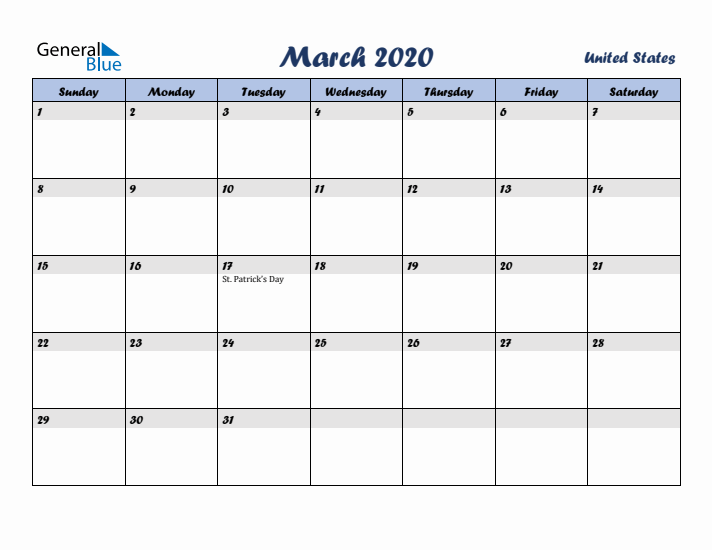 March 2020 Calendar with Holidays in United States