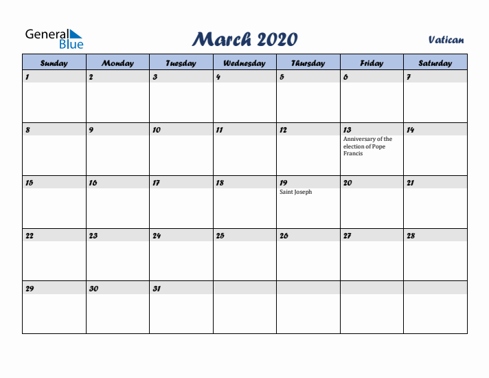 March 2020 Calendar with Holidays in Vatican