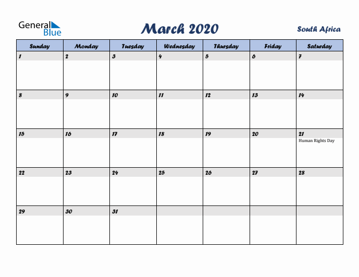 March 2020 Calendar with Holidays in South Africa