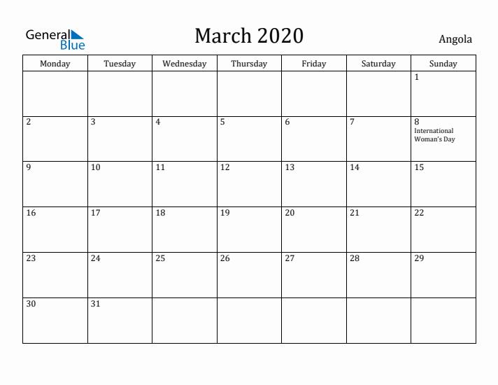March 2020 Calendar Angola