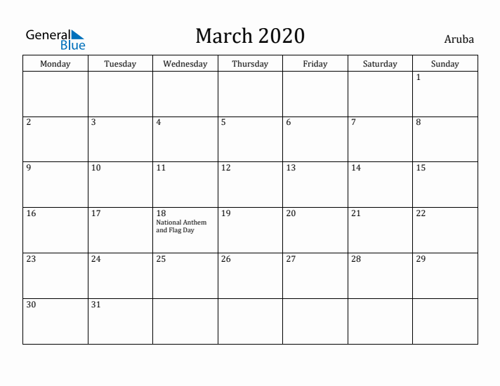 March 2020 Calendar Aruba