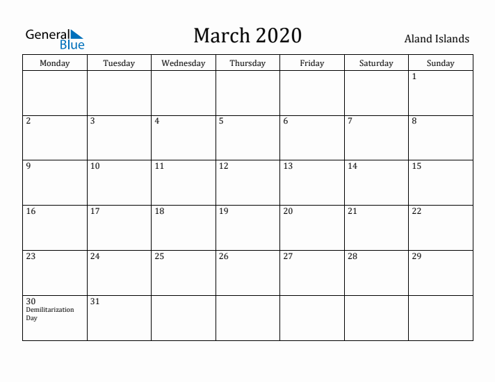 March 2020 Calendar Aland Islands