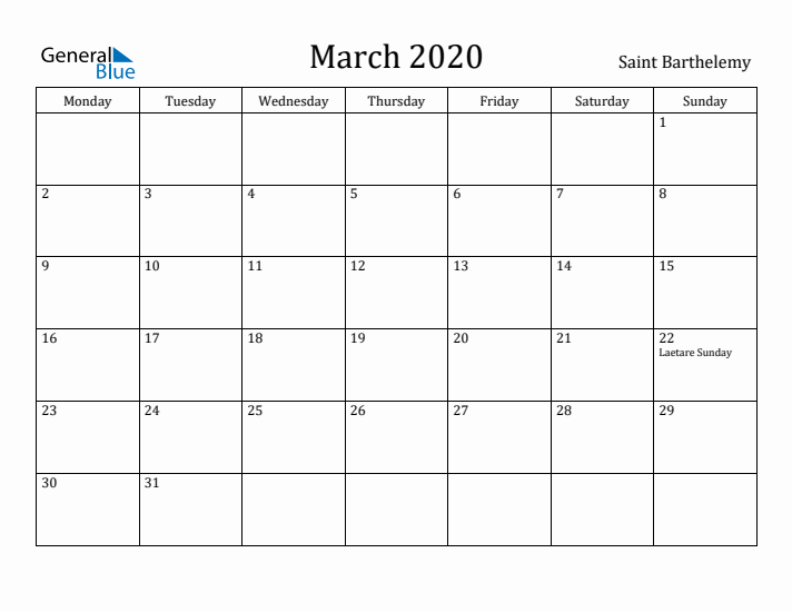 March 2020 Calendar Saint Barthelemy