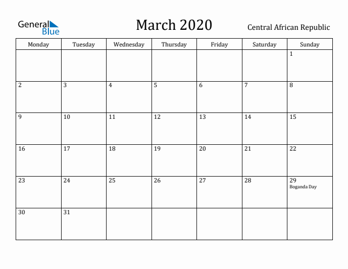 March 2020 Calendar Central African Republic