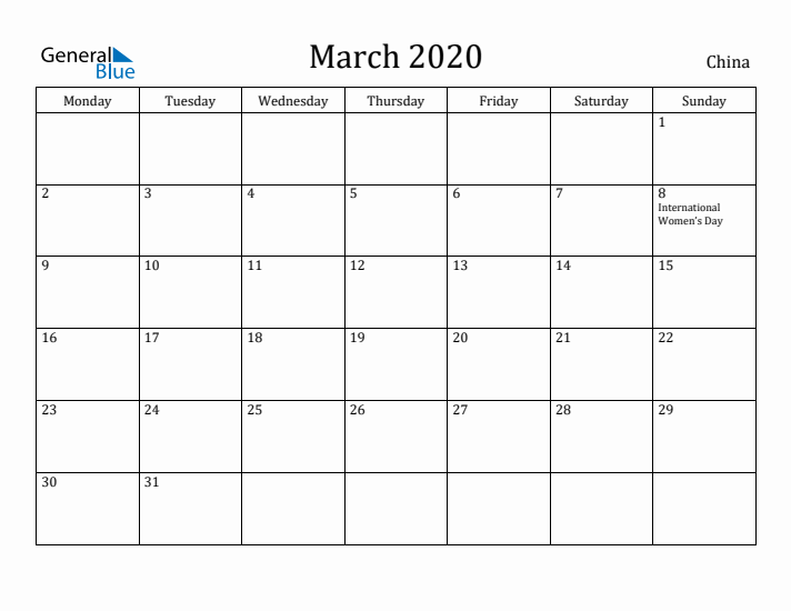 March 2020 Calendar China