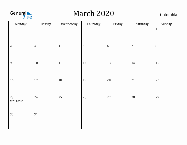 March 2020 Calendar Colombia